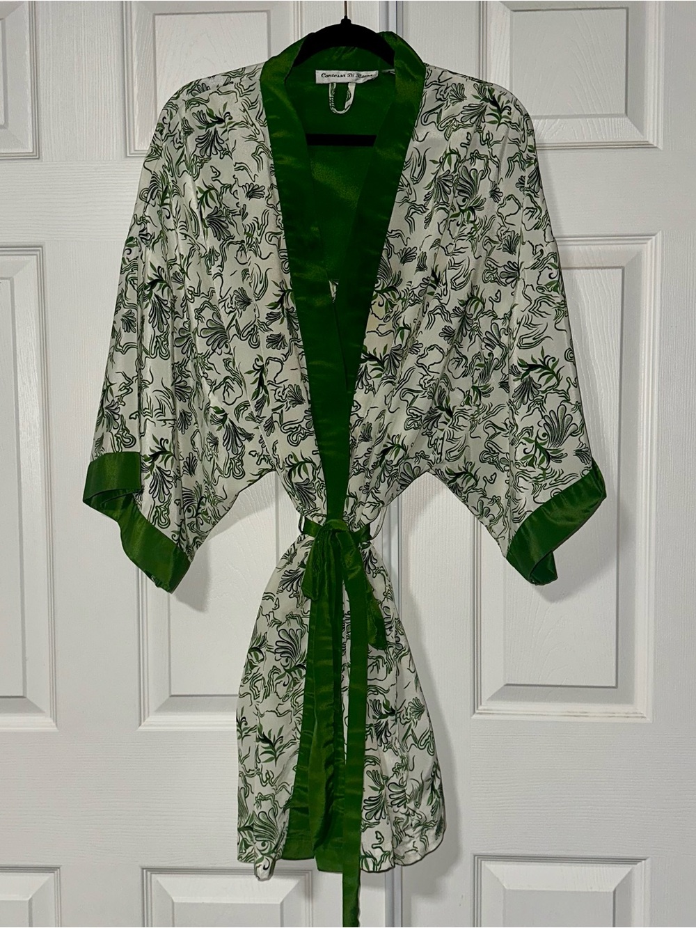 Vintage Contessa Di Roma Floral Print Kimono Robe in White and Green